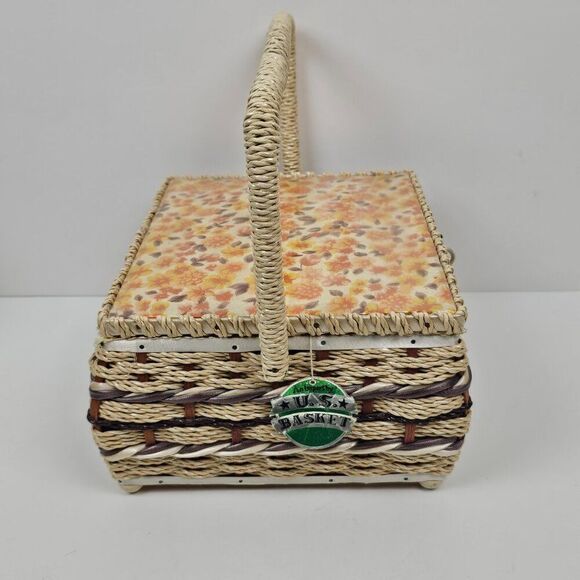 Sewing Notions Box Craft Basket Vintage Woven Wicker Floral Retro Mid Century - Picture 3 of 15